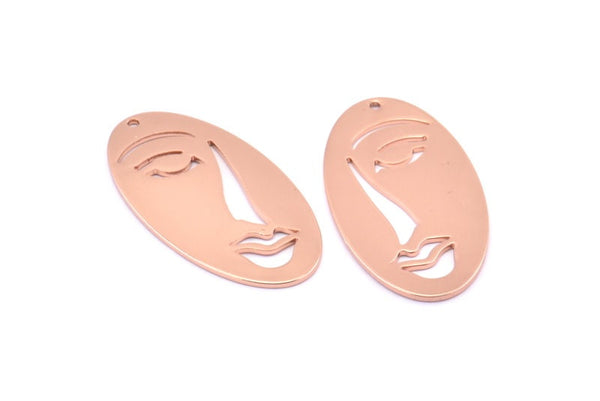 Rose Gold Face Charm, 2 Rose Gold Plated Brass Face Charms With 1 Hole, Pendants, Earrings, Findings (38x19x0.80mm) D0642