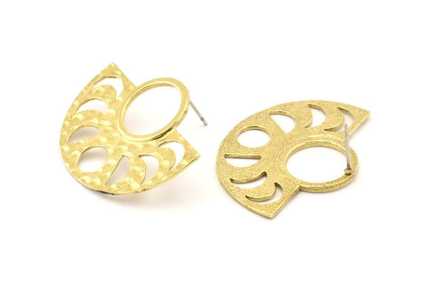 Moon Phases Earring, 2 Raw Brass Semi Circle Stud Earrings (38x30x1.2mm) N0951