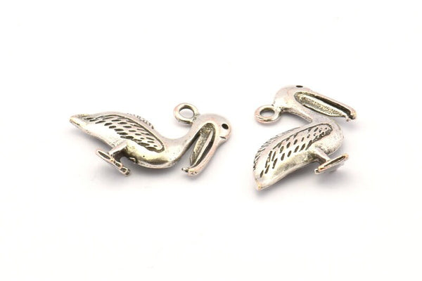 Silver Pelican Charm, 4 Antique Silver Plated Brass Pelican Charm Earrings With 1 Loop, Pendants, Findings (20mm) N0897
