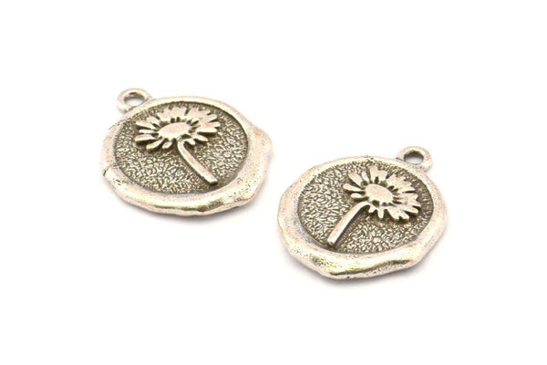 Silver Daisy Charm, 2 Antique Silver Plated Brass Flower Charm Earrings With 1 Loop, Pendants, Findings (16x18mm) N0889