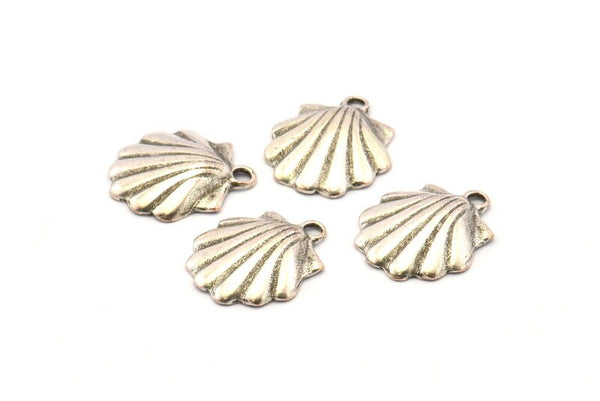 Silver Shell Charm, 6 Antique Silver Plated Brass Sea Shell Charm With 1 Loop, Pendants, Earrings, Findings (15x17mm) N0898