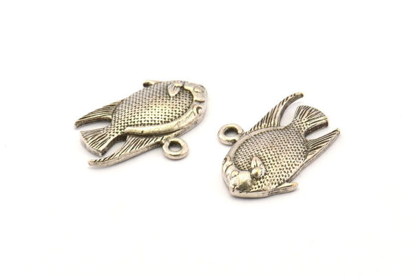 Silver Fish Charm, 4 Antique Silver Plated Brass Fish Charm Earrings With 1 Loop, Pendants, Findings (24x17mm) N0891