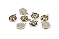 Silver Flower Charm, 2 Antique Silver Plated Brass Flower Charm Earrings With 1 Loop, Pendants, Findings (13mm) N0881
