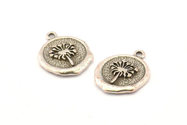 Silver Flower Charm, 2 Antique Silver Plated Brass Flower Charm Earrings With 1 Loop, Pendants, Findings (16x18mm) N0888