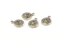 Lotus Flower Charm, 8 Antique Silver Plated Brass Lotus Flower Charms, With 1 Loop, Earrings, Findings (10mm) N0880