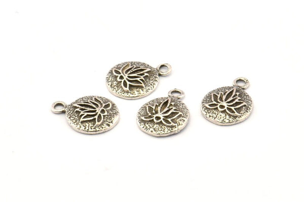 Lotus Flower Charm, 8 Antique Silver Plated Brass Lotus Flower Charms, With 1 Loop, Earrings, Findings (10mm) N0880
