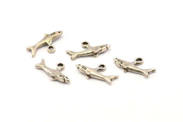 Silver Shark Charm, 6 Antique Silver Plated Brass Fish Charm Earrings With 1 Loop, Pendants, Findings (19x10mm) N0894