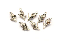 Silver Rose Charm, 6 Antique Silver Plated Brass Flower Charm Earrings With 1 Loop, Pendants, Findings (18x8mm) N0868