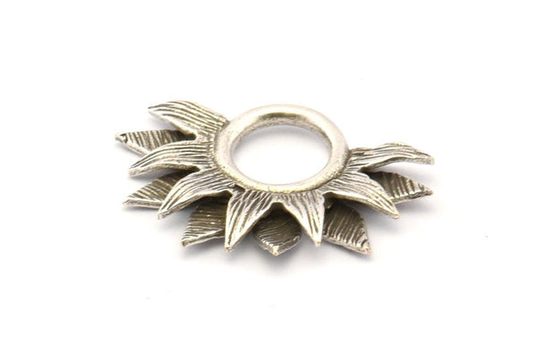 Silver Sunflower Charm, 2 Antique Silver Plated Brass Flower Charms, Pendants, Earrings, Findings (28x19mm) N0787