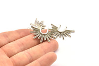 Silver Sun Pendant, 4 Antique Silver Plated Brass Textured Sunshine Charms With 2 Loops (32x24mm) N0814