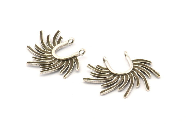 Silver Sun Pendant, 4 Antique Silver Plated Brass Textured Sunshine Charms With 2 Loops (30x24mm) N0818