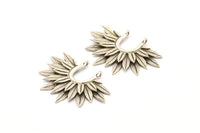 Silver Sunflower Charm, 2 Antique Silver Plated Brass Flower Pendants With 2 Loops, Findings (38x26mm) N0817