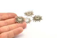 Silver Sun Charm, 2 Antique Silver Plated Brass Sunshine Charm Earrings With 1 Loop, Findings, Pendants (25mm) N0810