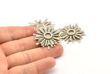 Silver Sun Charm, Antique Silver Plated Brass Sunshine Charms With 1 Loop, Pendants, Earrings (32x35mm) N0722