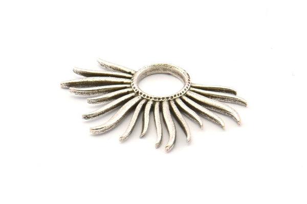 Silver Sun Charm, 4 Antique Silver Plated Brass Sun Charms, Pendants, Earrings, Findings  (33x20mm) N0782