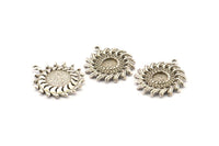 Silver Sunflower Charm, 2 Antique Silver Plated Brass Flower Charm Earrings With 1 Loop, Pendants, Earrings (25mm) N0808