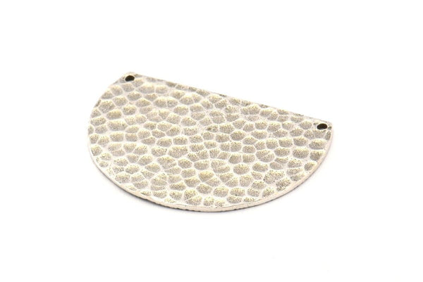 Silver Ethnic Pendant, Hammered Antique Silver Plated Brass Semi Circle Charms With 2 Holes, Connectors, Findings (34x24x1.2mm) N0762