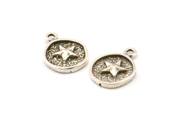 Silver Star Charm, 4 Antique Silver Plated Brass Star Charm Earrings With 1 Loop, Pendants, Findings (13mm) N0882