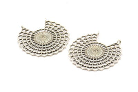 Silver Ethnic Pendant, 2 Antique Silver Plated Brass Ethnic Motif Pendants With 2 Loops, Findings, Earrings, Charms (40x39mm) N0870