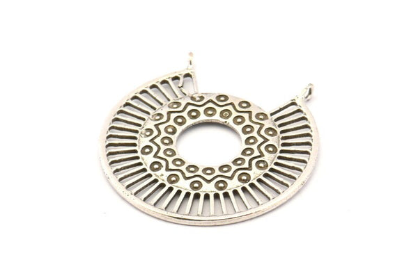 Silver Ethnic Pendant, Antique Silver Plated Brass Ethnic Motif Pendants With 2 Loops, Findings, Earrings, Charms (37x31mm) N0876