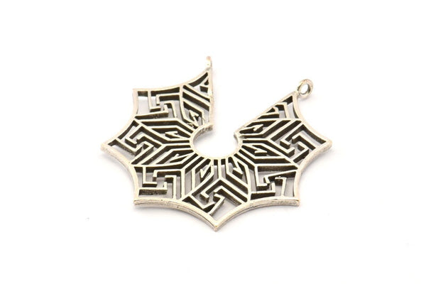 Silver Ethnic Pendant, 2 Antique Silver Plated Brass Ethnic Motif Pendants With 2 Loops, Findings, Earrings, Charms (40x39mm) N0873
