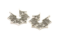 Silver Ethnic Pendant, 2 Antique Silver Plated Brass Ethnic Motif Pendants With 2 Loops, Findings, Earrings, Charms (40x39mm) N0873