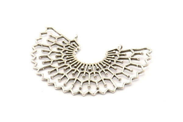 Silver Ethnic Pendant, Antique Silver Plated Brass Ethnic Motif Pendants With 2 Loops, Findings, Earrings, Charms (56x20mm) N0871