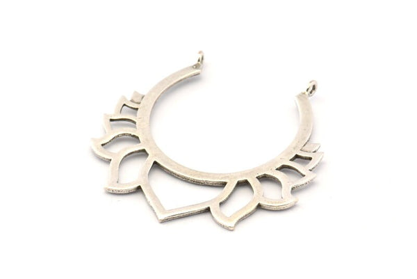Lotus Flower Pendant, 2 Antique Silver Plated Brass Hammered Lotus Flower Pendants With 2 Loops, Earrings, Charms (46x46mm) N0830 H0976