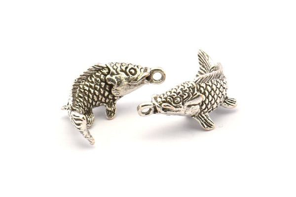 Silver Fish Charm, Antique Silver Plated Brass Fish Charms With 1 Loop, Pendants, Findings (28mm) N0866