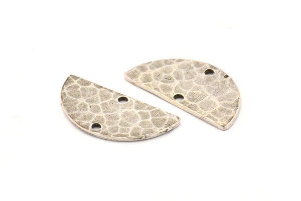 Semi Circle Charm, 6 Hammered Antique Silver Plated Brass Semi Circle Charms With 2 Holes, Pendants, Findings (21.5x11x1mm) N0926