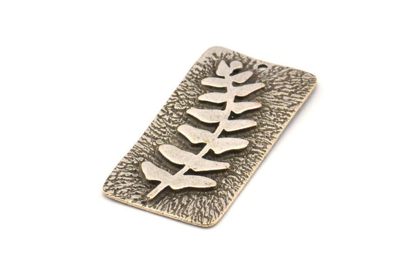 Silver Leaf Charm, Antique Silver Plated Brass Leaf Textured Rectangle Charms With 1 Hole, Pendants (39x20mm) V146