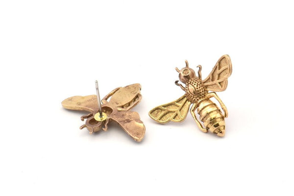 Brass Bee Earring, 4 Raw Brass Bee Stud Earrings (21x24mm) E585 A1188