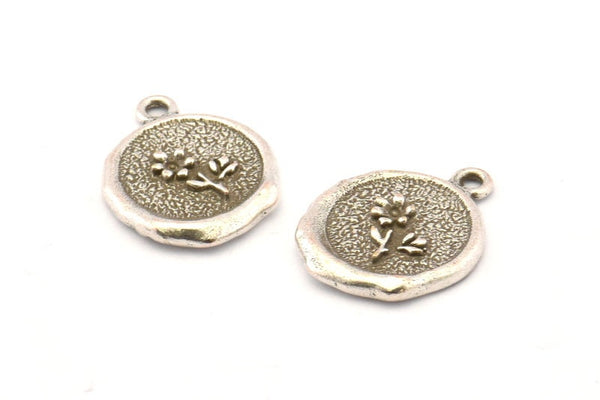 Silver Flower Charm, 2 Antique Silver Plated Brass Flower Charm Earrings With 1 Loop, Pendants, Findings (15x16mm) N0883
