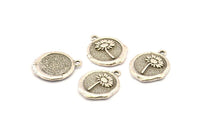 Silver Daisy Charm, 2 Antique Silver Plated Brass Flower Charm Earrings With 1 Loop, Pendants, Findings (16x18mm) N0889