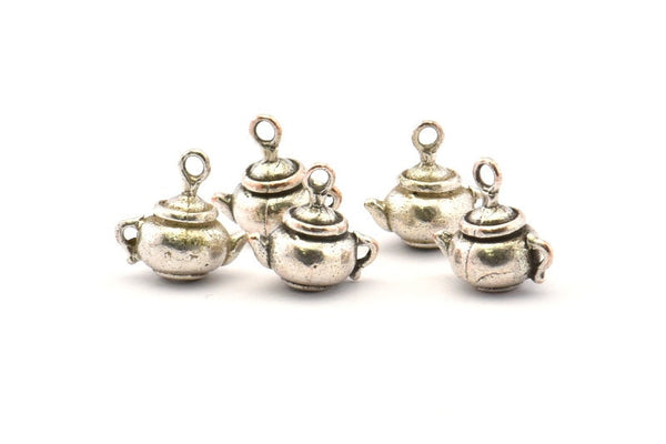 Silver Teapot Charm, 4 Antique Silver Plated Brass Teapot Charm Earrings With 1 Loop, Findings (11mm) N0867