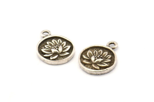 Silver Flower Charm, 2 Antique Silver Plated Brass Flower Charm Earrings With 1 Loop, Pendants, Findings (13mm) N0881