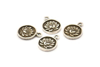 Silver Flower Charm, 2 Antique Silver Plated Brass Flower Charm Earrings With 1 Loop, Pendants, Findings (13mm) N0881