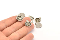 Silver Flower Charm, 2 Antique Silver Plated Brass Flower Charm Earrings With 1 Loop, Pendants, Findings (13mm) N0881