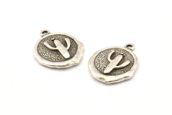 Silver Cactus Charm, 2 Antique Silver Plated Brass Cactus Charm Earrings With 1 Loop, Pendants, Findings (16x18mm) N0885
