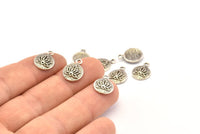 Lotus Flower Charm, 8 Antique Silver Plated Brass Lotus Flower Charms, With 1 Loop, Earrings, Findings (10mm) N0880