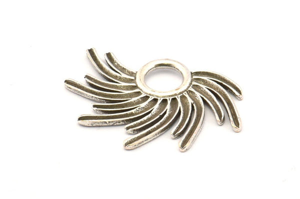 Silver Sun Charm, 4 Antique Silver Plated Brass Sunshine Charms, Pendants, Earrings, Findings  (30x21mm) N0783