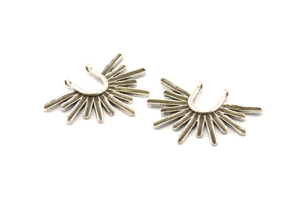 Silver Sun Pendant, 4 Antique Silver Plated Brass Textured Sunshine Charms With 2 Loops (32x24mm) N0814