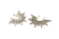 Silver Sun Pendant, 4 Antique Silver Plated Brass Textured Sunshine Charms With 2 Loops (32x24mm) N0814
