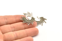 Silver Sun Pendant, 4 Antique Silver Plated Brass Textured Sunshine Charms With 2 Loops (30x24mm) N0818