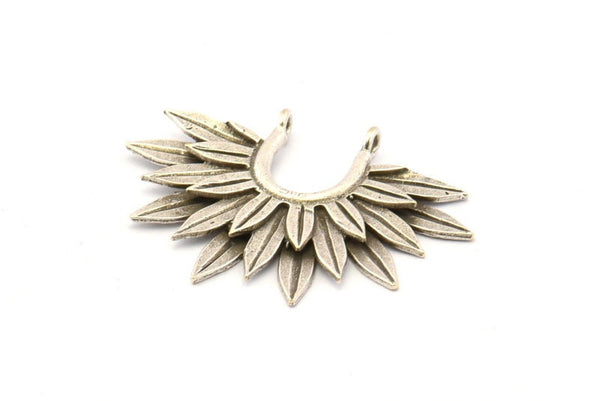 Silver Sunflower Charm, 2 Antique Silver Plated Brass Flower Pendants With 2 Loops, Findings (38x26mm) N0817