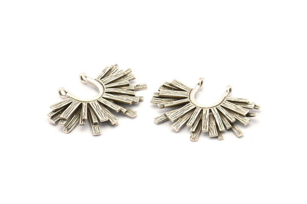 Silver Sun Pendant, 2 Antique Silver Plated Brass Textured Sunshine Charms With 2 Loops (22x30mm) N0815