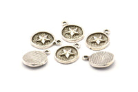 Silver Star Charm, 4 Antique Silver Plated Brass Star Charm Earrings With 1 Loop, Pendants, Findings (13mm) N0882