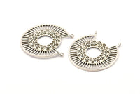 Silver Ethnic Pendant, Antique Silver Plated Brass Ethnic Motif Pendants With 2 Loops, Findings, Earrings, Charms (37x31mm) N0876