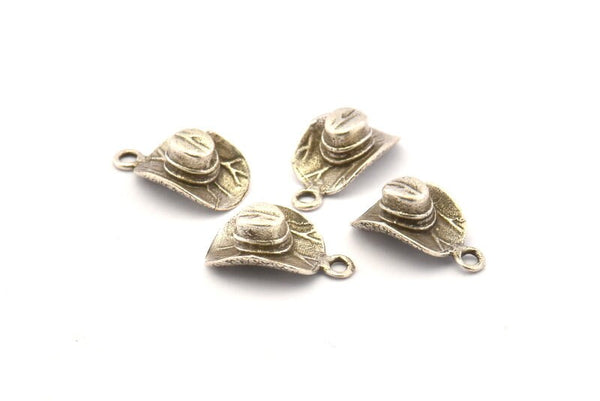 Silver Hat Charm, 4 Antique Silver Plated Brass Cowboy Hat Charm Earrings With 1 Loop, Findings (17x10mm) N0900