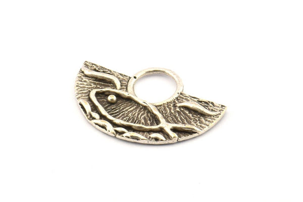 Silver Ethnic Pendant, 4 Antique Silver Plated Brass Semi Circle Fish Figure Pendants (28x19x1mm) E669
